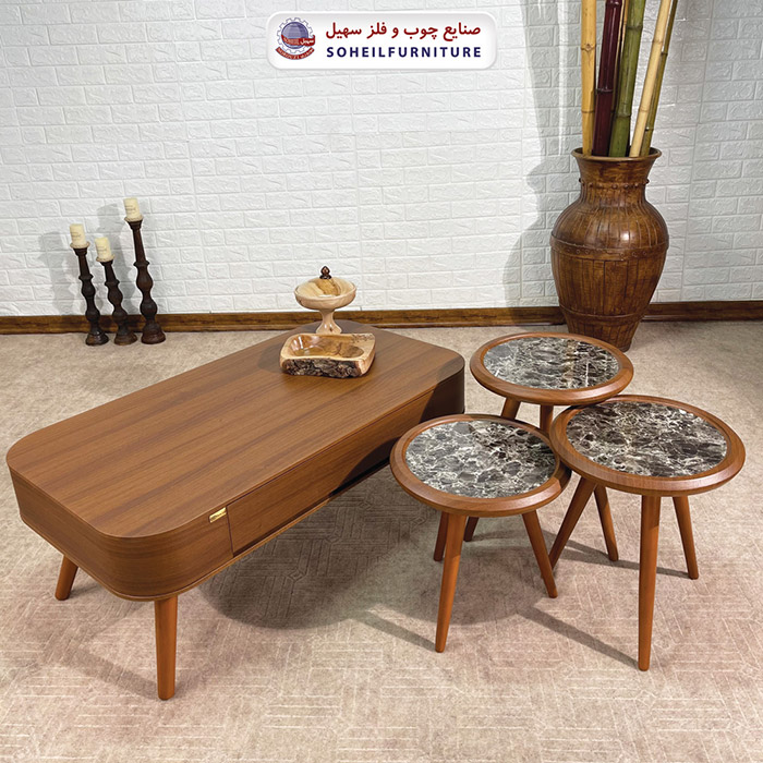 میز جلو مبلی چوبی مدرن سفید و فندوقی و .. دو طرف کشو دار با دو مدل ست میز عسلی بروکش چوب و روکش سنگ
