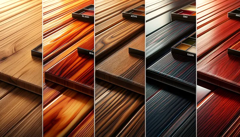 این تصویر مقایسه‌ای سه نوع رنگ چوب: روغنی، آکریلیک و پلی‌یورتان را به وضوح نشان می‌دهد. هر بخش از تصویر نمایانگر یکی از این نوع رنگ‌ها است و تفاوت‌های ظاهری آنها به خوبی قابل مشاهده است