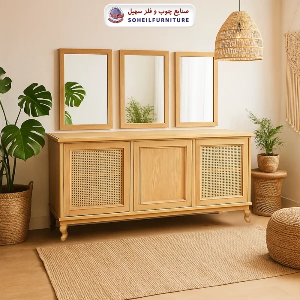آینه کنسول حصیری چوبی مدرن مدل 142جدید سهیل(روکش طبیعی چوب بلوط) - رنگ: نخودی, رنگ سفارشی مشتری(داخل توضیحات سفارش رنگ دلخواهتون نوشته شود) - طول: 160 سانتی متر - ارسال فوری به سراسر کشور از تهران