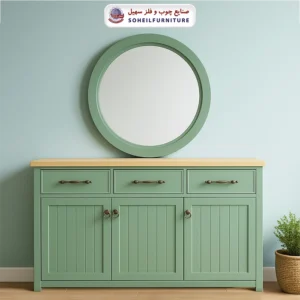 میز کنسول سبز مدرن با سه کشو و سه کمد و آینه گرد، طراحی شده با خطوط CNC و دستگیرههای کلاسیک، مناسب دکوراسیونهای هارمونیک و مدرن.