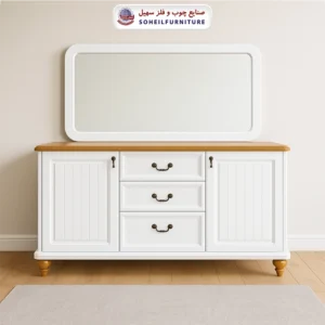 🔸 میز کنسول سفید با صفحه چوب طبیعی و آینه مدرن؛ ترکیبی از ظرافت کلاسیک و زیبایی معاصر برای سالن پذیرایی شما