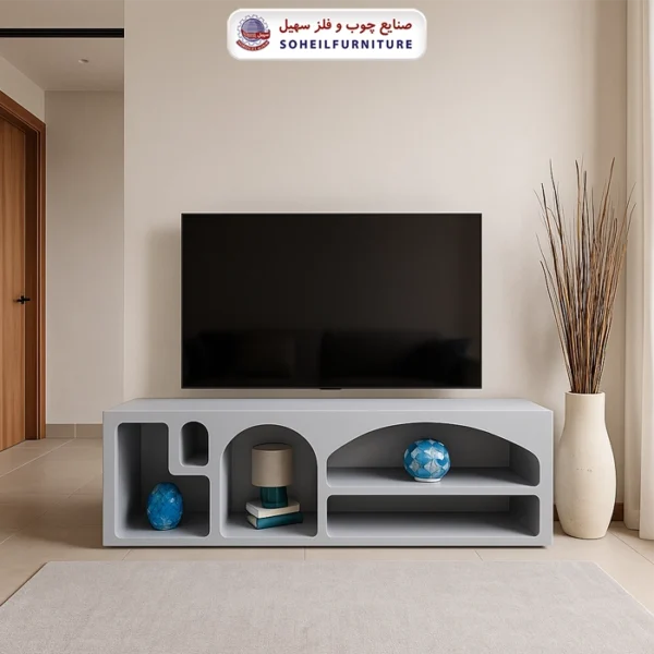 میز تلویزیون مینیمال طوسی رنگ سهیل - رنگ: سفید, طوسی, کرم, مشکی - طول: 160 سانتی متر, 180 سانتی متر - جنس اسکلت داخلی (کلاف): ام دی اف (MDF) - ارسال فوری به سراسر کشور از تهران