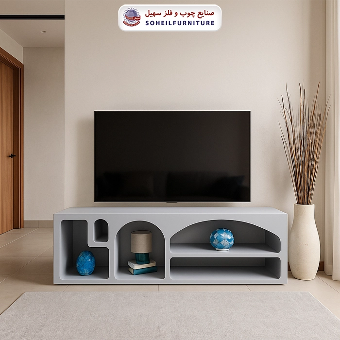 میز تلویزیون مینیمال طوسی رنگ سهیل - رنگ: سفید, طوسی, کرم, مشکی - طول: 160 سانتی متر, 180 سانتی متر - جنس اسکلت داخلی (کلاف): ام دی اف (MDF) - ارسال فوری به سراسر کشور از تهران