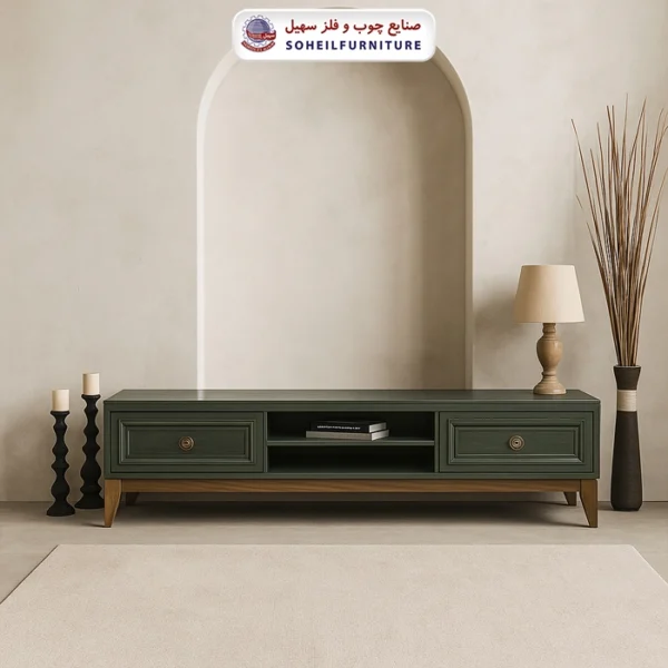 میز تلویزیون 137 سهیل (روکش طبیعی چوب بلوط) - رنگ: آبی, طوسی, گردویی, مشکی, یشمی, رنگ سفارشی مشتری(داخل توضیحات سفارش رنگ دلخواهتون نوشته شود) - طول: 140 سانتی متر, 160 سانتی متر, 180 سانتی متر - نوع روکش صفحه: چوب بلوط - جنس اسکلت داخلی (کلاف): ام دی اف (MDF), چوب راش گرجستان - ارسال فوری به سراسر کشور از تهران